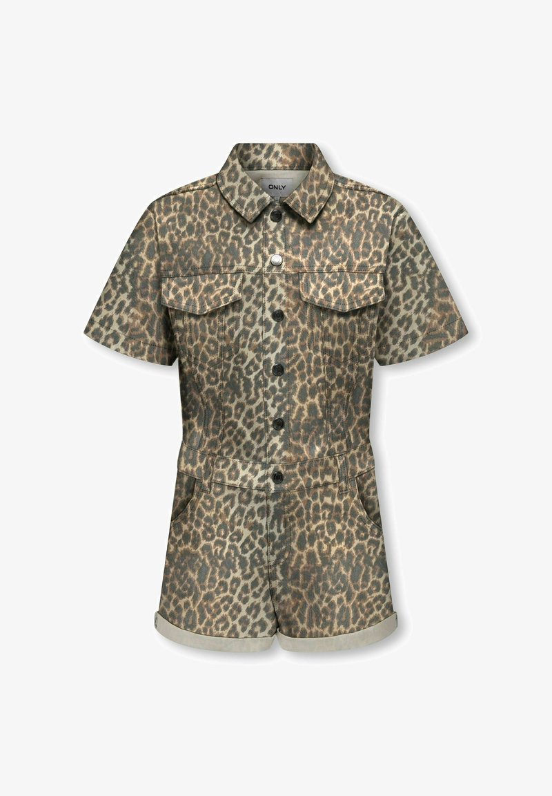 Kort jumpsuit med leopardmönster, krage, korta ärmar och bröstfickor. Har knäppning fram och uppvikta shorts.