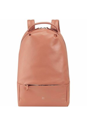 Peach-colored leather backpack with a smooth texture, rounded shape, two shoulder straps, and a front zip pocket. Features brand logo in silver.