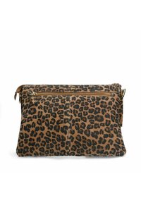 Umhängetasche mit Leopardenmuster, die eine glatte Textur, einen Reißverschluss und ein braun-schwarzes Farbschema aufweist. Enthält eine äußere Reißverschlusstasche.