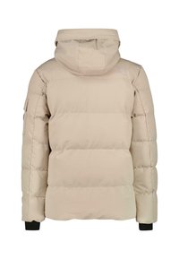 Beige donsjack met een capuchon, voorzien van een gewatteerd patroon, elastische manchetten en een geborduurd logo op de schouder. Soepele textuur.