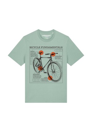 Mint green T-shirt featuring a bicycle graphic with labeled parts in black and orange, showcasing a structured design and clear text.