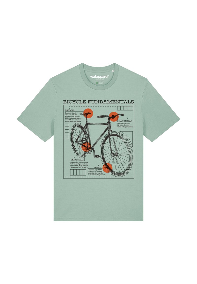T-shirt vert menthe avec un graphique de vélo présentant des parties étiquetées en noir et orange, mettant en avant un design structuré et un texte clair.