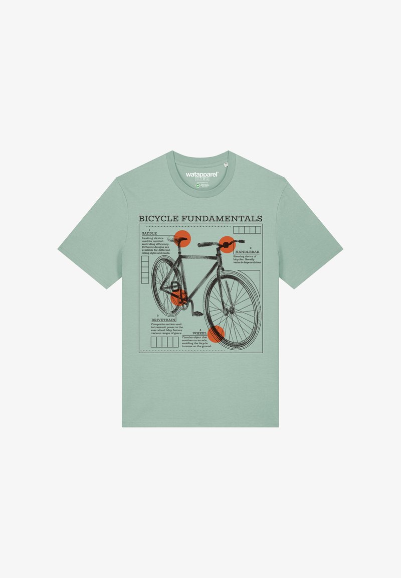 Mintgrünes T-Shirt mit einem Fahrrad-Graphic, das die einzelnen Teile in Schwarz und Orange beschriftet zeigt. Das Design ist strukturiert und der Text ist klar ablesbar.