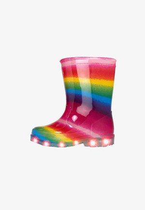 Botte de pluie en caoutchouc brillante pour enfant avec des rayures arc-en-ciel et une semelle lumineuse blanche et rouge.