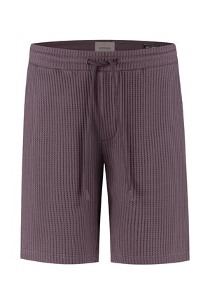 Męskie fioletowe, teksturowane szorty z sznurkiem i elastyczną talią oraz delikatnym przeszyciem z przodu, zaprojektowane do noszenia na co dzień.