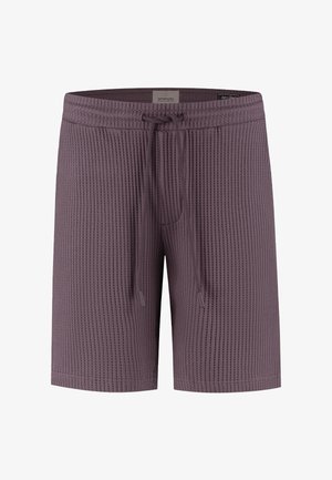 Shorts pour hommes texturés de couleur violette avec cordon de serrage, taille élastique et coutures frontales discrètes, conçus pour un usage décontracté.