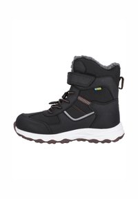 Schwarze wasserdichte Stiefelette mit grauem Kunstfellfutter, verstellbarem Riemen und strukturiertem Gummisohle. Mit Mesh-Einsätzen und reflektierenden Akzenten.