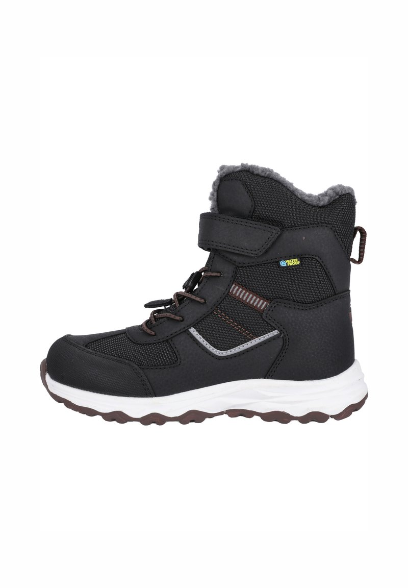 Schwarze wasserdichte Stiefelette mit grauem Kunstfellfutter, verstellbarem Riemen und strukturiertem Gummisohle. Mit Mesh-Einsätzen und reflektierenden Akzenten.