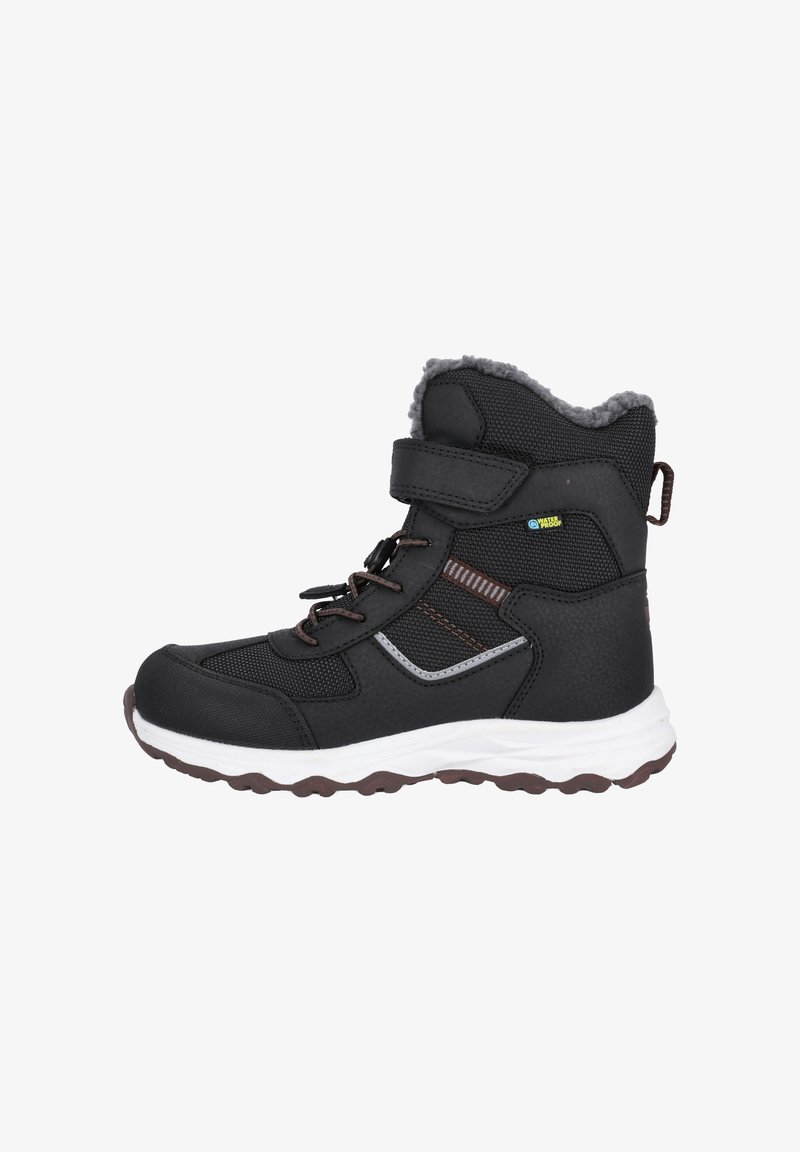 Botte noire imperméable avec doublure en fausse fourrure grise, sangle réglable et semelle en caoutchouc texturée. Présente des panneaux en maille et des accents réfléchissants.