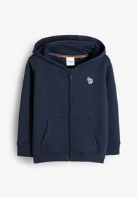 Sweat à capuche zippé bleu marine en tissu doux, avec capuche, poches kangourou et logo brodé sur la poitrine gauche.
