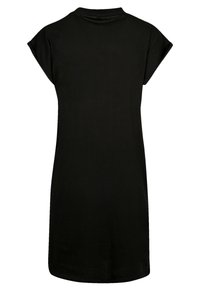 Schwarzes, kurzärmliges Kleid mit entspannter Passform; verfügt über einen runden Ausschnitt und eine weiche, glatte Textur; knielang mit geradem Saum.