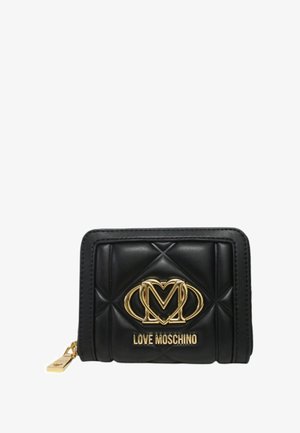 Portafoglio in pelle nera trapuntata con logo Love Moschino dorato e chiusura con zip, con finitura texturizzata e forma elegante.