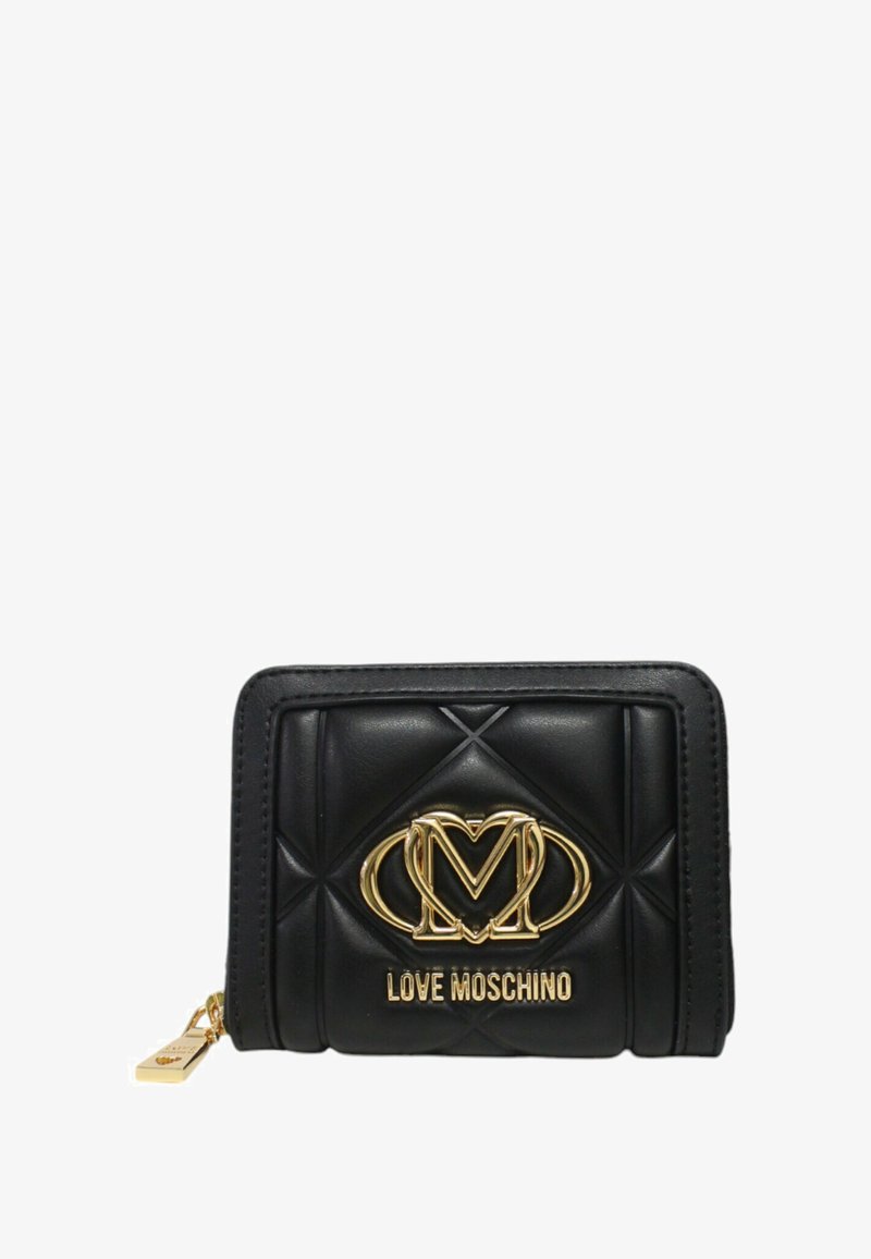 Portafoglio in pelle nera trapuntata con logo Love Moschino dorato e chiusura con zip, con finitura texturizzata e forma elegante.