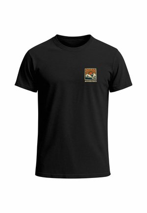 Black cotton t-shirt featuring a small front graphic with orange sun and mountains, labeled "NEVERLESS®." Classic crew neck design.
