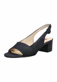 Czarne zamszowe sandały na obcasie z odkrytą palcą, blokowym obcasem, skrzyżowanymi paskami i okrąłym guzikiem na pasku wokół kostki.