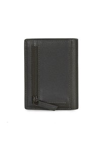 Cartera de cuero negra con una textura suave, que cuenta con un compartimento con cremallera en la parte delantera y un diseño rectangular compacto.