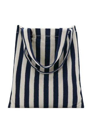 Borsa tote in tessuto a righe verticali blu e bianche con due manici coordinati.