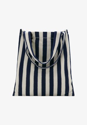 Borsa tote in tessuto a righe verticali blu e bianche con due manici coordinati.