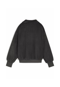 Black faux fur bomber jacket with ribbed cuffs and hem, shown from back on a white background.