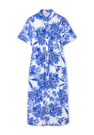 Kwiatowa sukienka z guzikami w odcieniach niebieskiego i białego, z krótkimi rękawami, w talii ściągana sznurkiem, z dużymi wzorami piwonii.