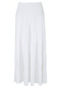 Weißer, schichtweise Maxi-Rock aus weichem Stoff, mit einem elastischen Bund und einem fließenden Design mit horizontalen Nähten.
