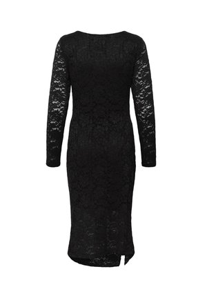 Abito in pizzo nero con maniche lunghe, scollatura rotonda, silhouette aderente, lunghezza al ginocchio con una leggera spaccatura sul retro. Motivo floreale testurizzato.