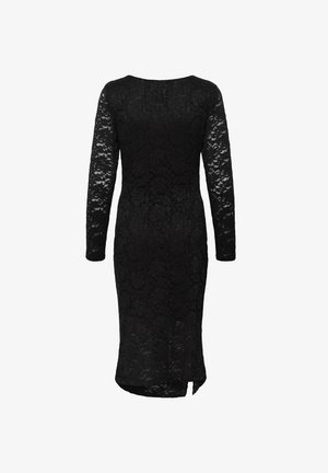 Abito in pizzo nero con maniche lunghe, scollatura rotonda, silhouette aderente, lunghezza al ginocchio con una leggera spaccatura sul retro. Motivo floreale testurizzato.