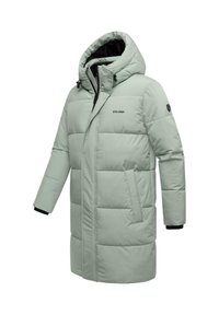 Giacca a vento verde chiaro con cappuccio, dotata di chiusura a zip, polsini elasticizzati e logo sul petto. Texture a righine con design trapuntato.