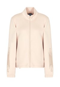 Giacca zip-up rosa chiaro con colletto alto, realizzata in tessuto testurizzato e con branding metallico lungo le maniche. Vestibilità casual con polsini a costine.