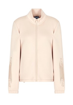 Giacca zip-up rosa chiaro con colletto alto, realizzata in tessuto testurizzato e con branding metallico lungo le maniche. Vestibilità casual con polsini a costine.