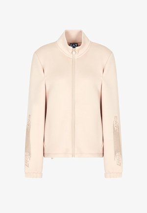 Hellrosa Zip-Jacke mit hohem Kragen, aus strukturiertem Material und mit metallicfarbenem Branding an den Ärmeln. Lässiger Schnitt mit gerippten Bündchen.