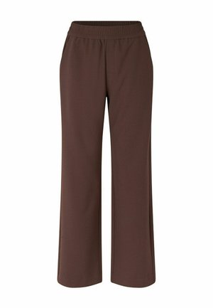 Pantaloni marroni a gamba dritta con elastico in vita, tasche laterali e una texture di tessuto liscia.