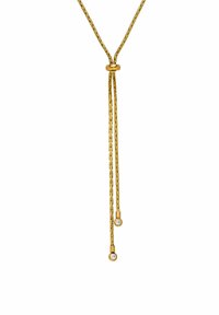 Goldkette mit Y-förmigem Design, ausgestattet mit zwei Tropfenakzenten mit klaren Steinen an den Enden und einem glatten Knotenverschluss.