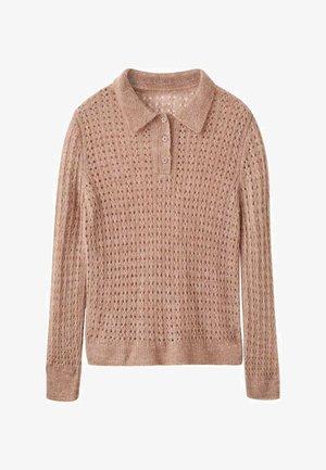 Svetlohnedý pletený pulóver s golierom typu polo, s textúrovaným vzorom, tromi gombíkmi a dlhými rukávmi.