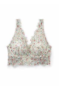 Romantische bloemenkant bralette in crème, voorzien van kleine rozen in roze en blauw. Met gekartelde randen en zachte, ademende stof zonder beugel.