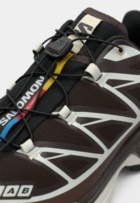 Brūni skrienošā apavi ar melnu sietu augšdaļu, atstarojošiem sudraba akcentiem un ātru auklu sistēmu ar krāsainu zīmolu.