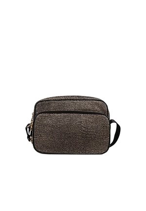 Lille rektangulær crossbody taske med sort og beige pebble-agtigt mønster, forreste lynlåslomme og justerbar sort rem.
