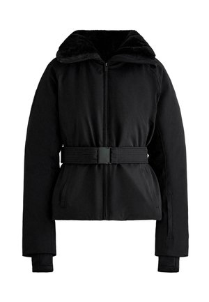 Black padded jacket with a high collar, front zipper, adjustable belt at the waist, and long sleeves with extended cuffs.