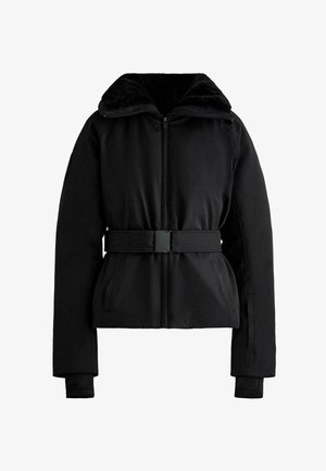 Black padded jacket with a high collar, front zipper, adjustable belt at the waist, and long sleeves with extended cuffs.