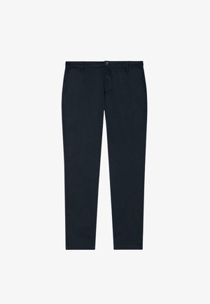 Pantalon bleu marine foncé en mélange de coton, doté d'une coupe droite, d'une ceinture standard et d'une fermeture par boutons, avec des poches latérales et arrière.