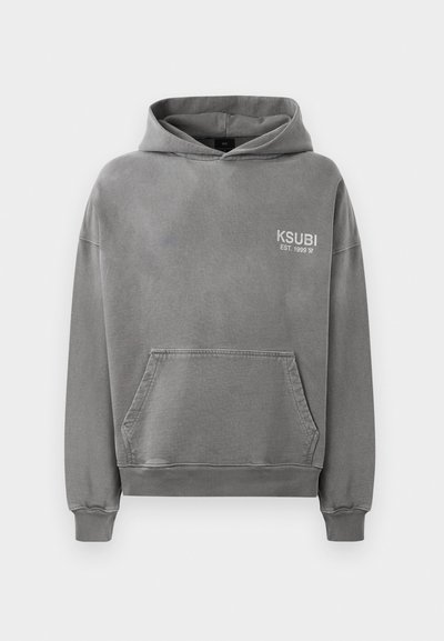 Gray hooded sweatshirt featuring a front pocket and ribbed cuffs. The brand name "KSUBI" is printed on the left chest.