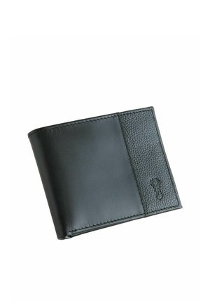 Black leather bifold wallet with smooth and textured panels, featuring a small embossed logo on the textured side.
