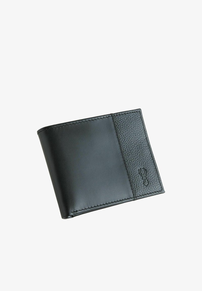 Portefeuille bifold en cuir noir avec panneaux lisses et texturés, présentant un petit logo embossé sur le côté texturé.