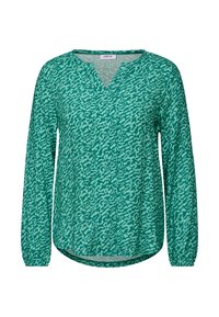 Blouse verte à manches longues avec un motif abstrait texturé, décolleté en V et poignets élastiques. Fabriquée en tissu doux et léger.