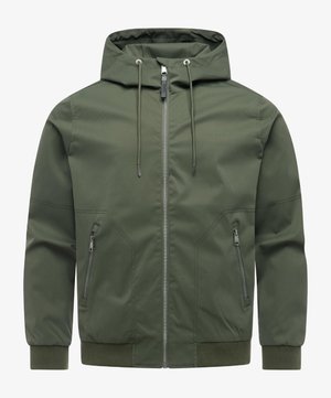Olijfgroene jas met capuchon, voorzien van een ritssluiting aan de voorkant, aantrekkoorden, ritssluitingen aan de zijkanten en geribbelde manchetten en zoom.