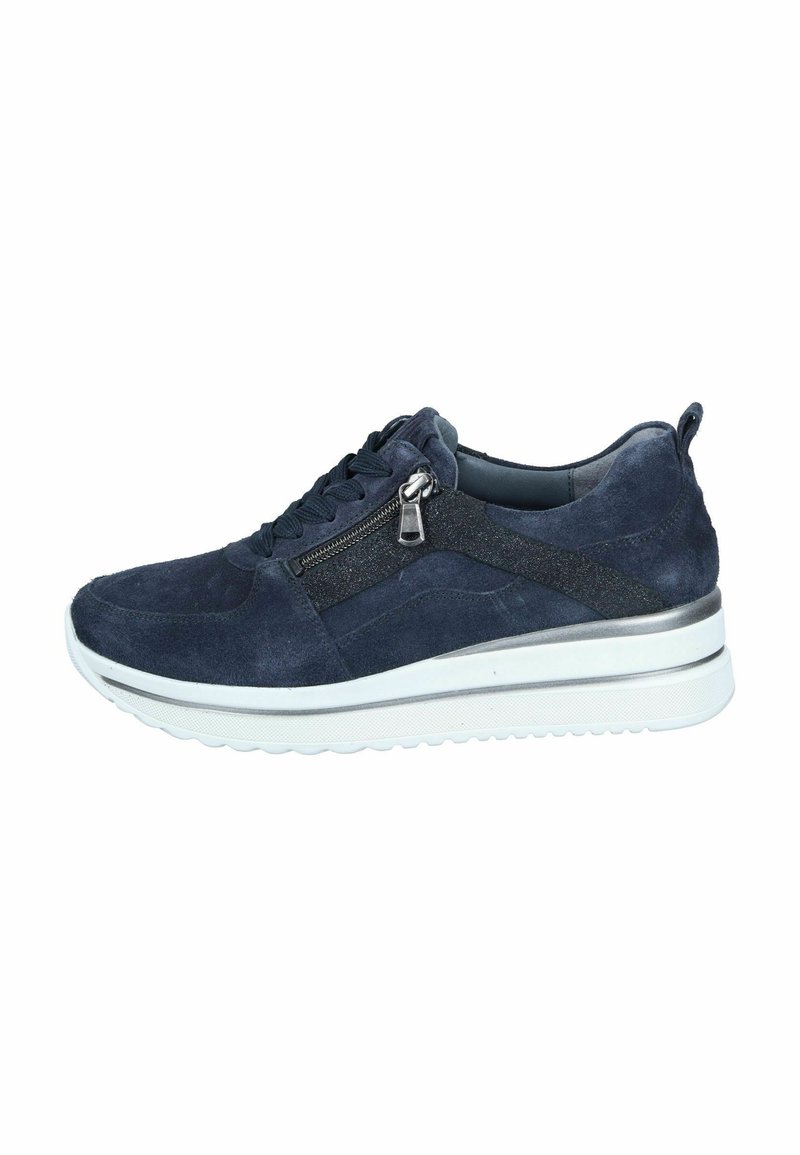 Navy suede sneaker with lace-up front, side zipper, metallic accents, and a thick white sole. Features smooth and textured material contrast.