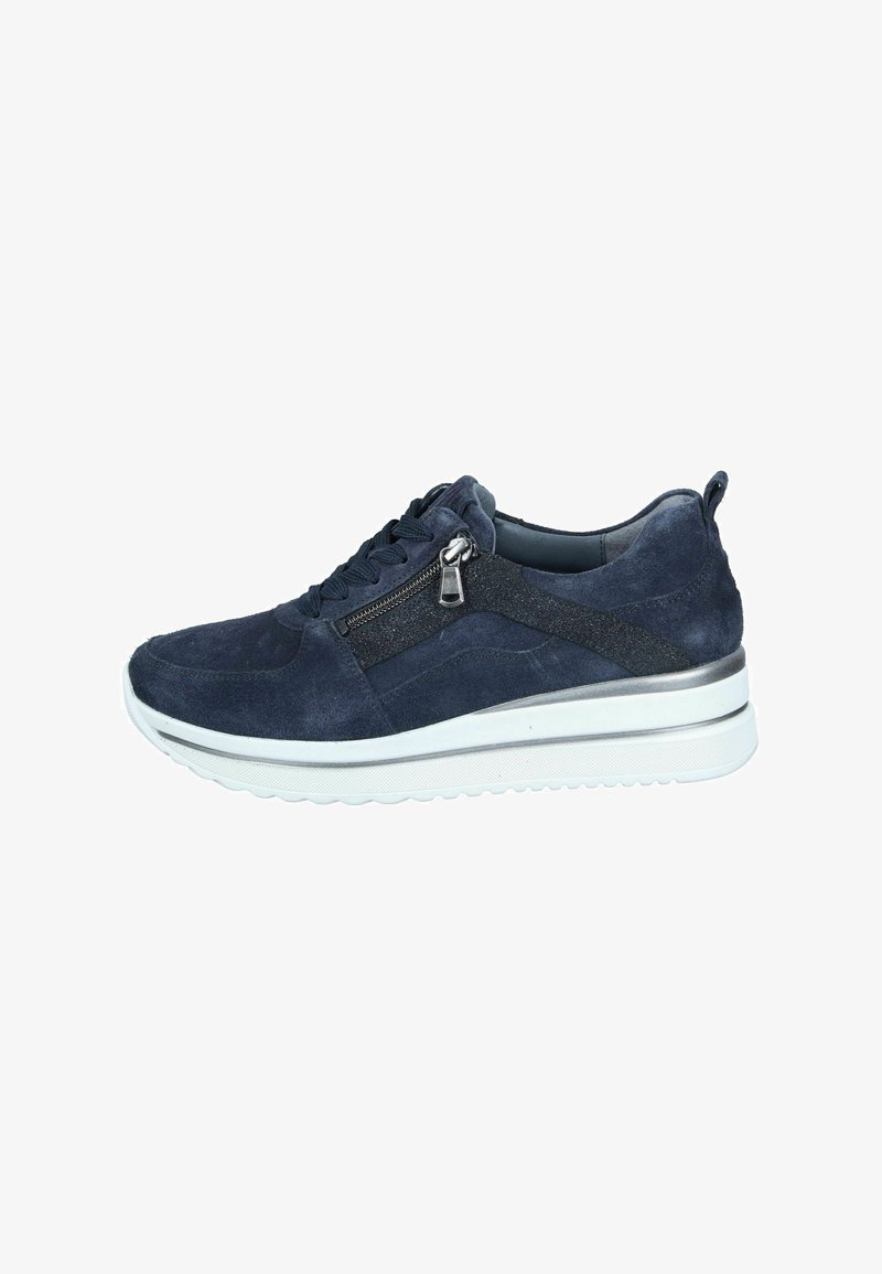 Navy suede sneaker with lace-up front, side zipper, metallic accents, and a thick white sole. Features smooth and textured material contrast.