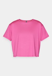 Ljusrosa kortärmad croppad T-shirt med rund halsringning, uppställd mot en enkel vit bakgrund.