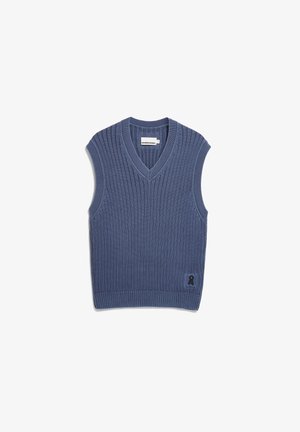 Blauw mouwloos gebreid vest met een geribbelde textuur, V-hals en een klein logoplaatje aan de onderkant vooraan. Lichtgewicht stof.