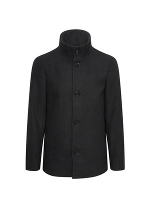 Abrigo de mezcla de lana negra con cuello alto, cinco botones frontales y mangas largas. Textura suave con un corte entallado y sin patrones visibles.